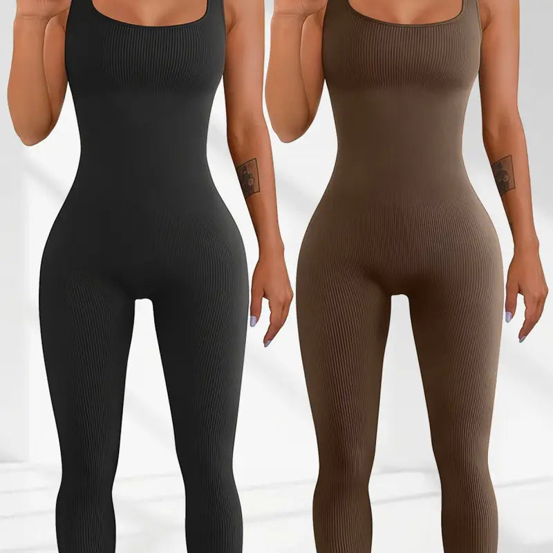 AuraAttire Women's Suspender Tank Top Jumpsuit — navy and taupe, close-up fit detail