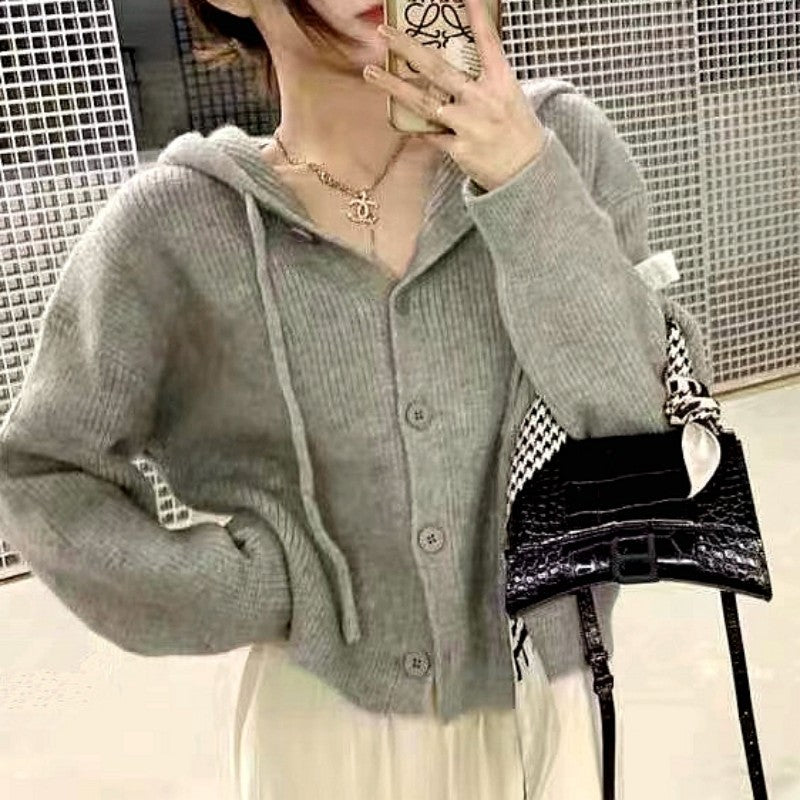 Oversized hooded knit sweater in gray - women's cozy cardigan style
