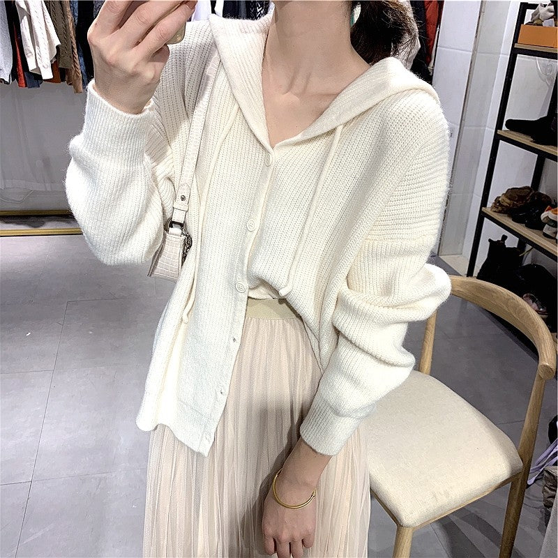 Oversized hooded knit sweater in white - women's cozy cardigan style