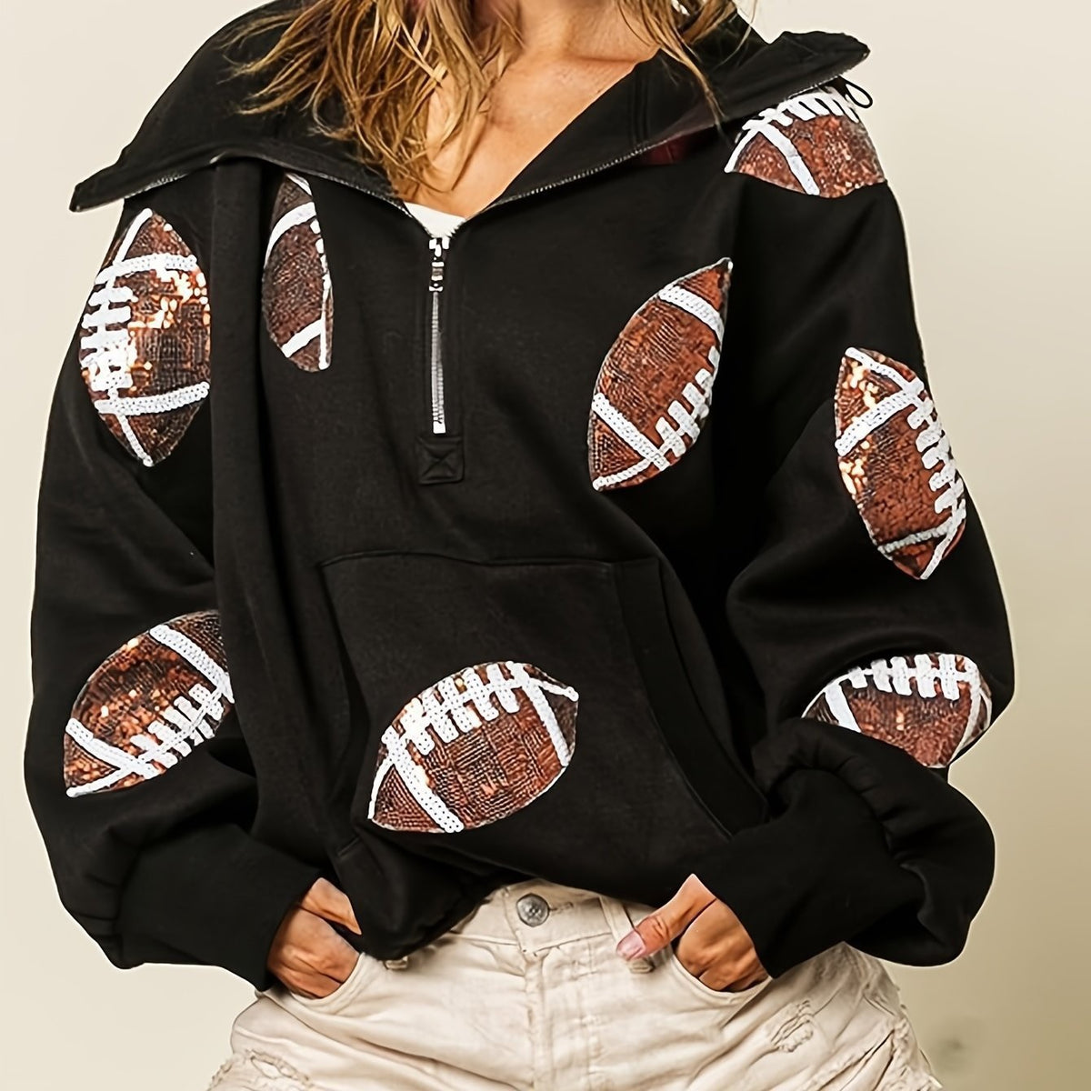 Women's football print zip-up hoodie, Black, front view