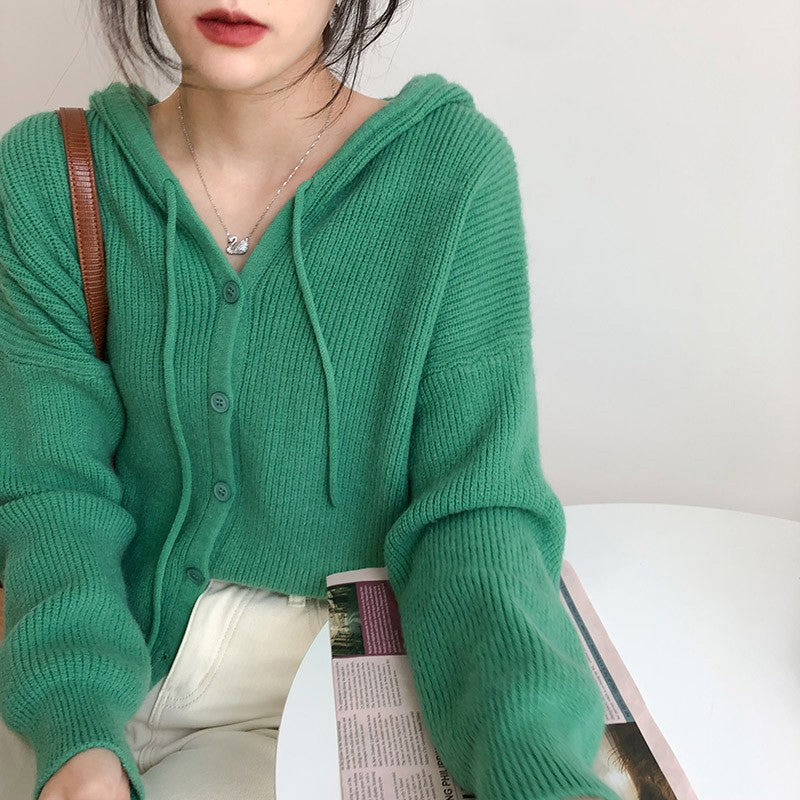 Oversized hooded knit sweater in green - women's cozy cardigan style