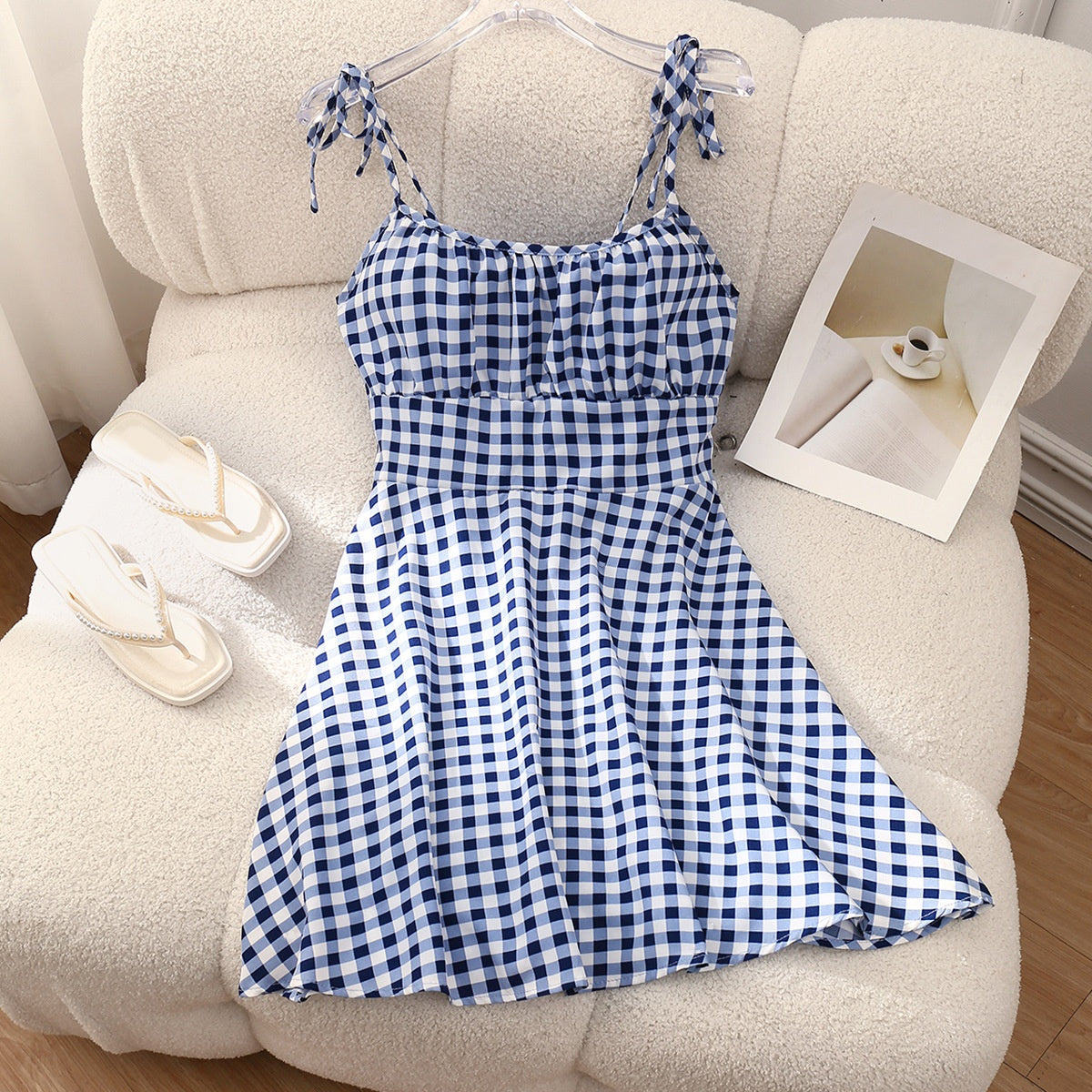 Blue plaid A-line summer dress - flat lay - AuraAttire