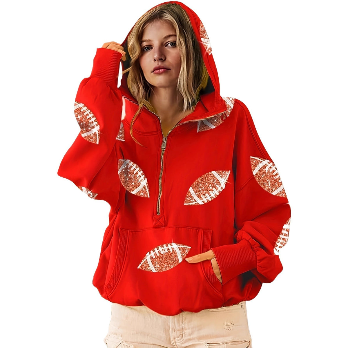 Women's football print zip-up hoodie, red, front view