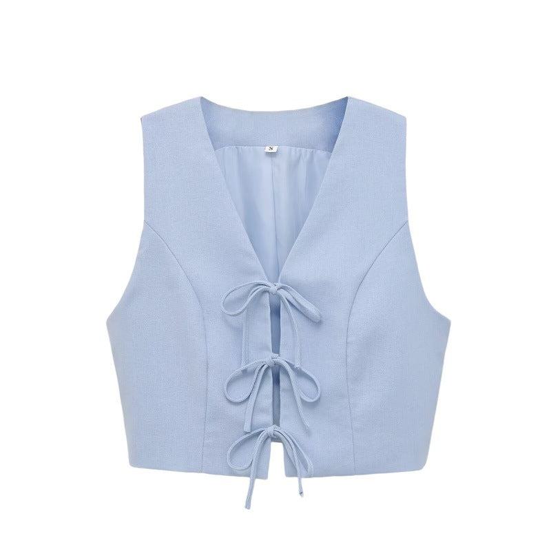 Light blue bow-tie lace-up vest with drawstring waist - flat lay view