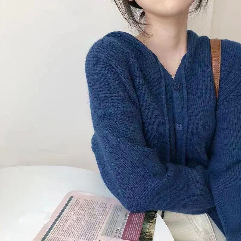 Oversized hooded knit sweater in navy blue - women's cozy cardigan style