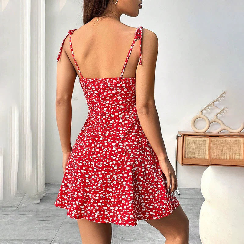 Floral A-line summer dress in red - back view - AuraAttire