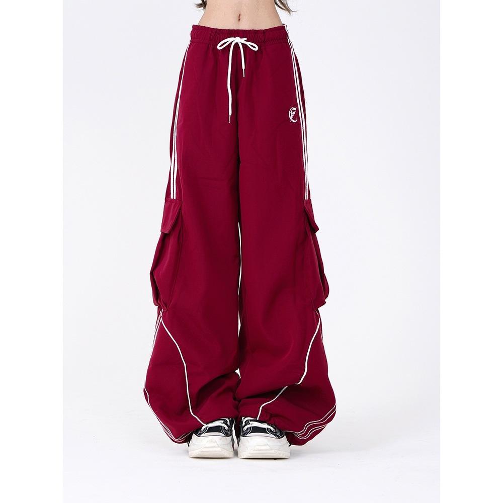 Wide leg cargo joggers - burgundy full length front view with sneakers
