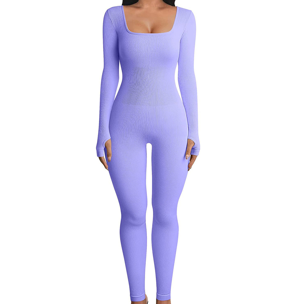 Purple ribbed jumpsuit on a white background