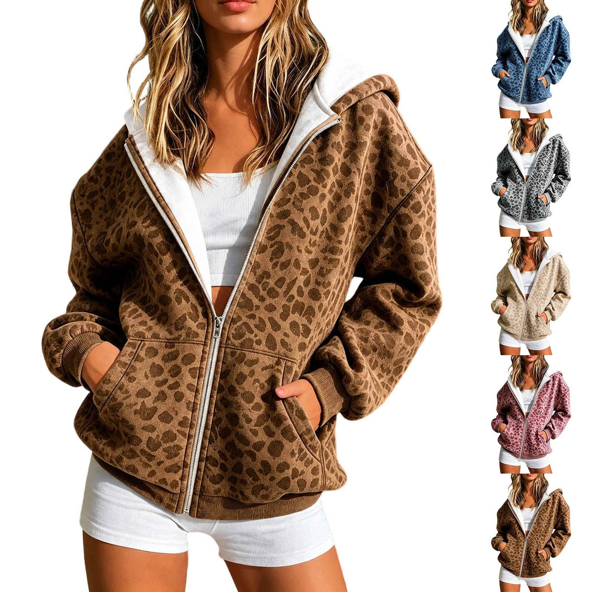 Women's leopard print oversized zip-up hoodie jacket, brown, back detail view