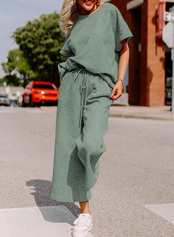Casual two-piece set in dusty teal - women's oversized top and wide-leg pants outfit