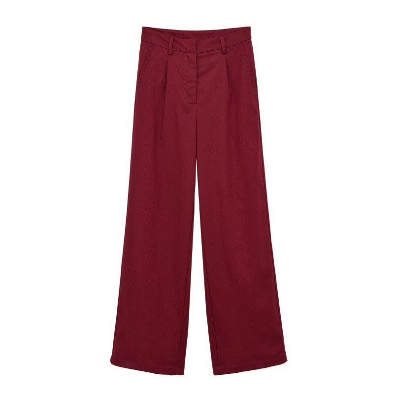 Wine red high-waisted wide-leg trousers - flat lay view