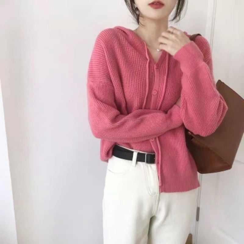 Oversized hooded knit sweater in coral pink - women's oversized cardigan style