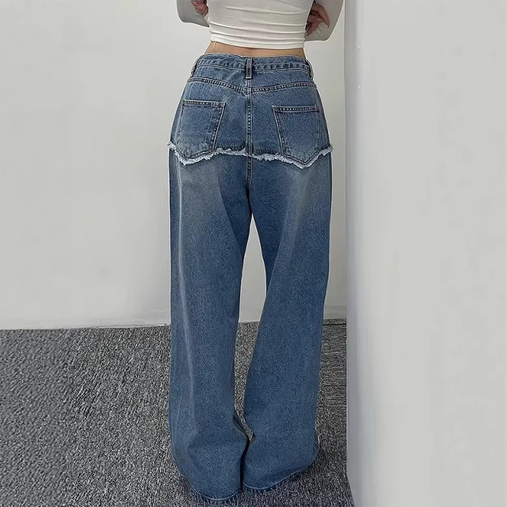 Women's wide-leg denim-look jeans in blue, drawstring waist, raw hem, back view
