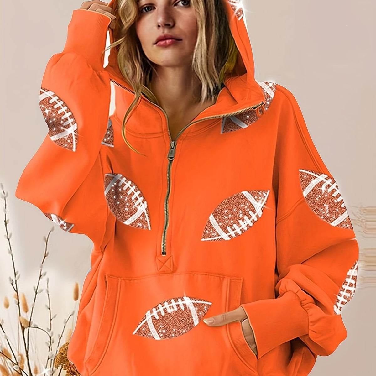 Women's football print zip-up hoodie, Navy Blue, front view