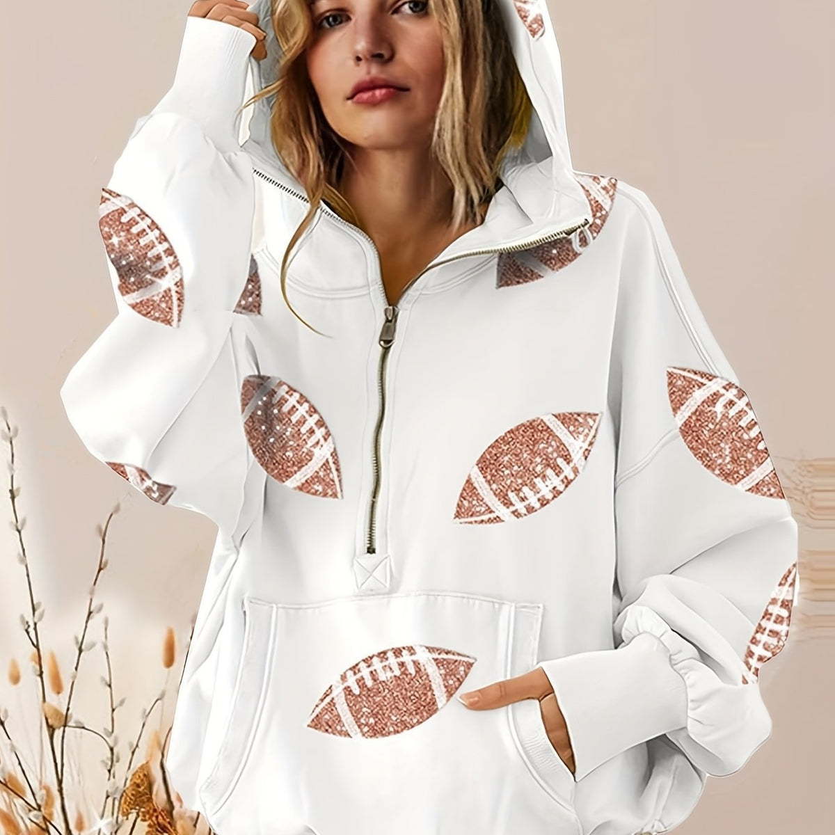 Women's football print zip-up hoodie, White, front view