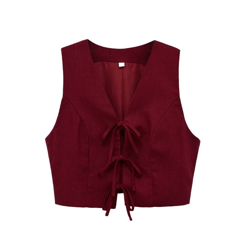 Wine red bow-tie lace-up vest with drawstring waist - flat lay view