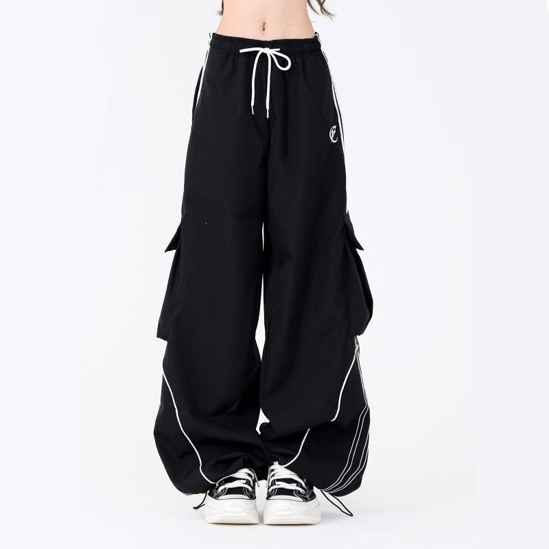 Wide leg cargo joggers - black front view on white background