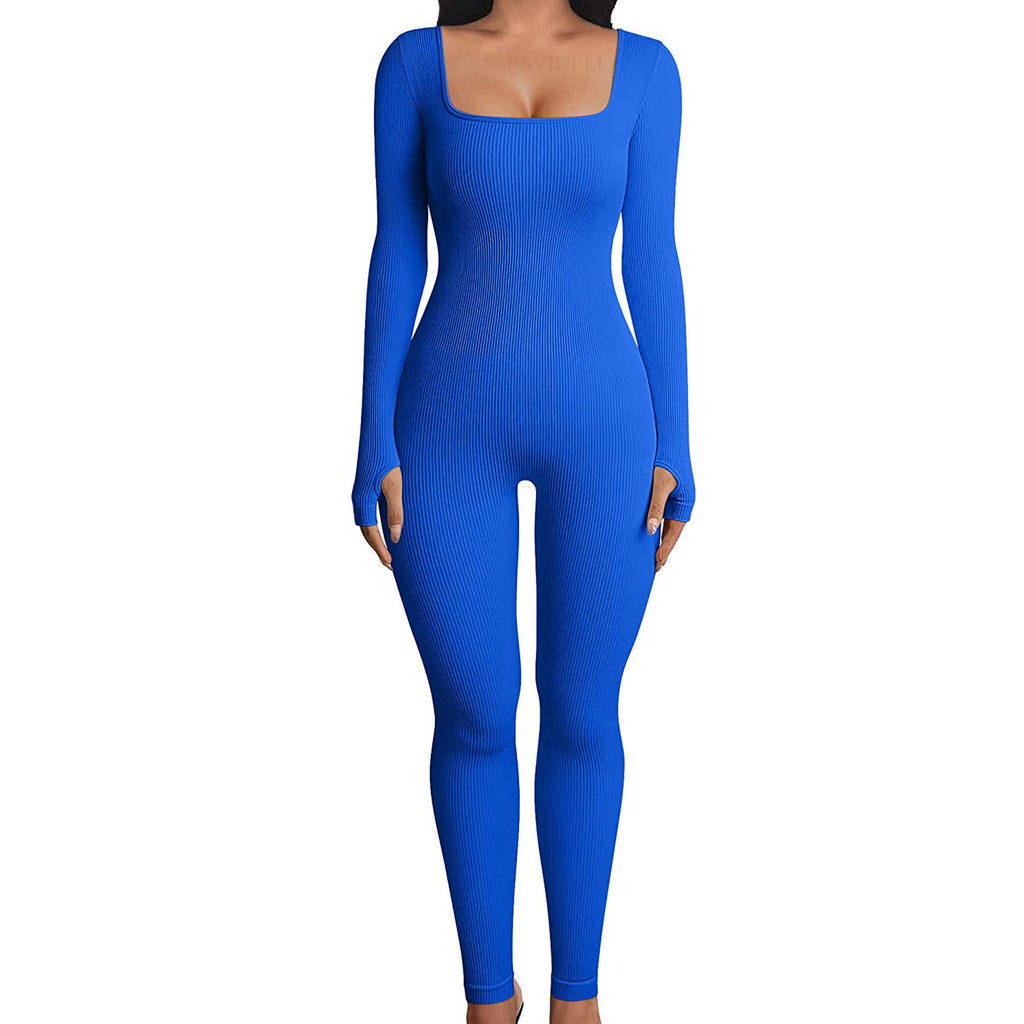 Blue jumpsuit with long sleeves on a white background